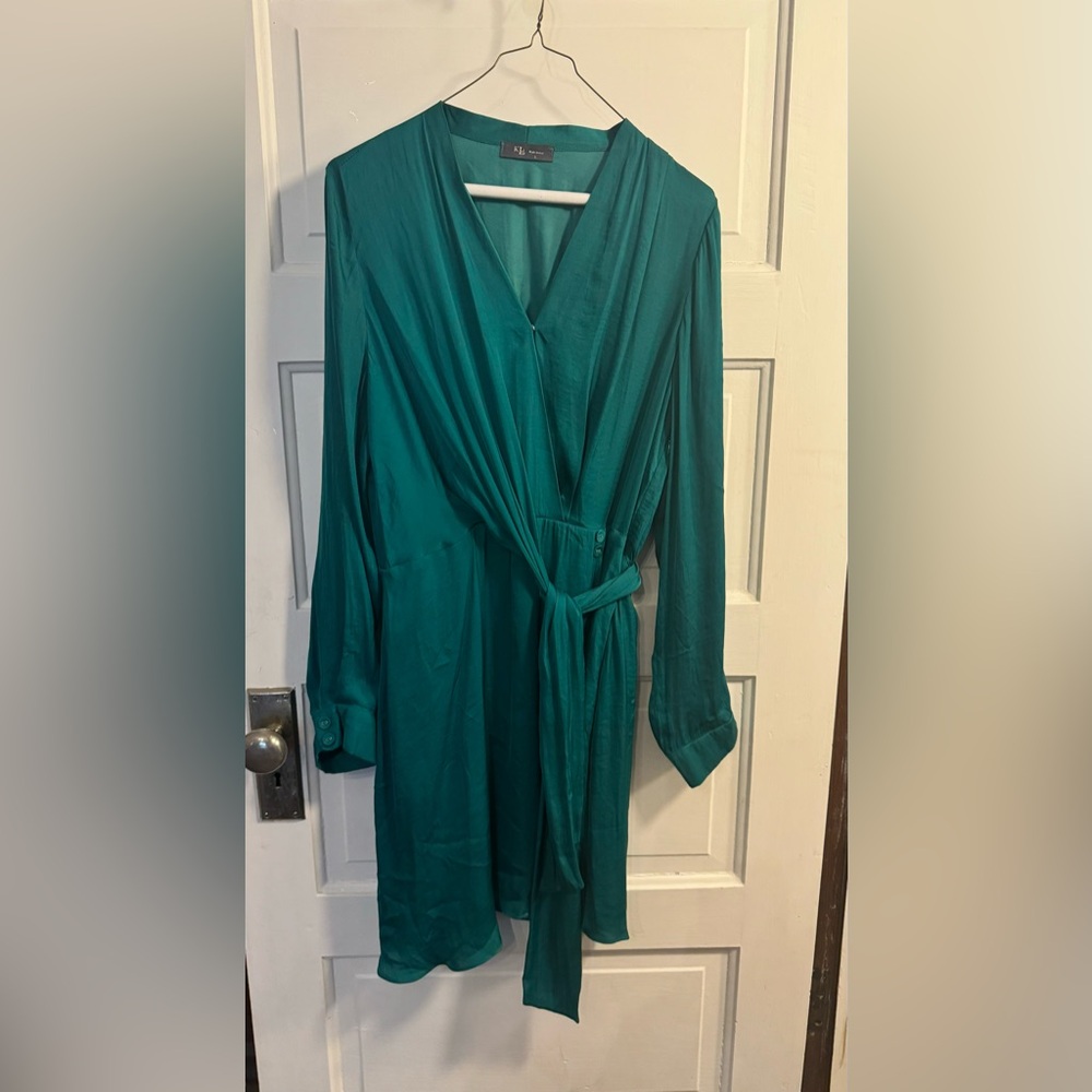 Beautiful emerald green faux wrap dress